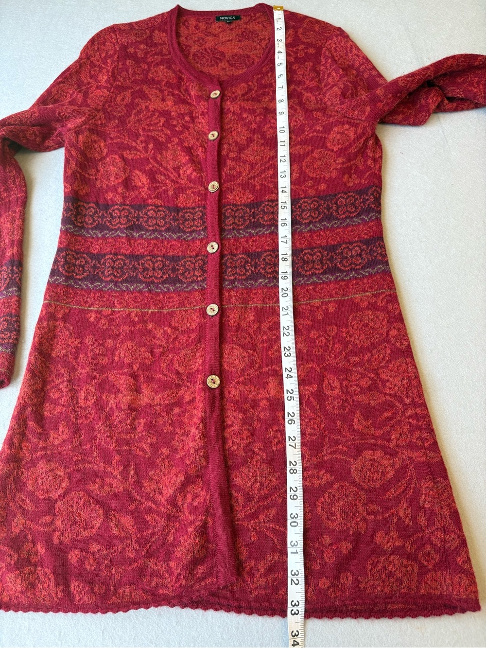 Novica 100% Baby Alpaca Red Floral Button Front Long Knit Cardigan sz M Boho - Picture 8 of 9